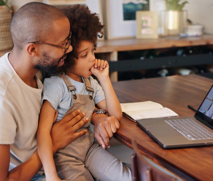 Child, black man and laptop screen with doctor for telehealth service, communication and advice. Ho