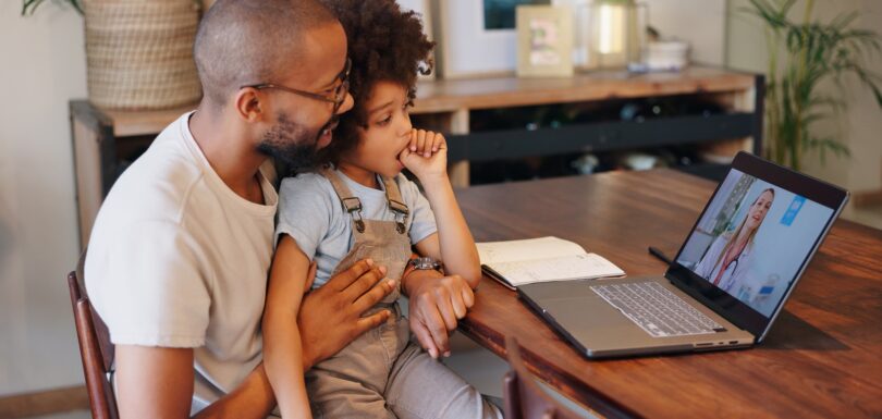 Child, black man and laptop screen with doctor for telehealth service, communication and advice. Ho
